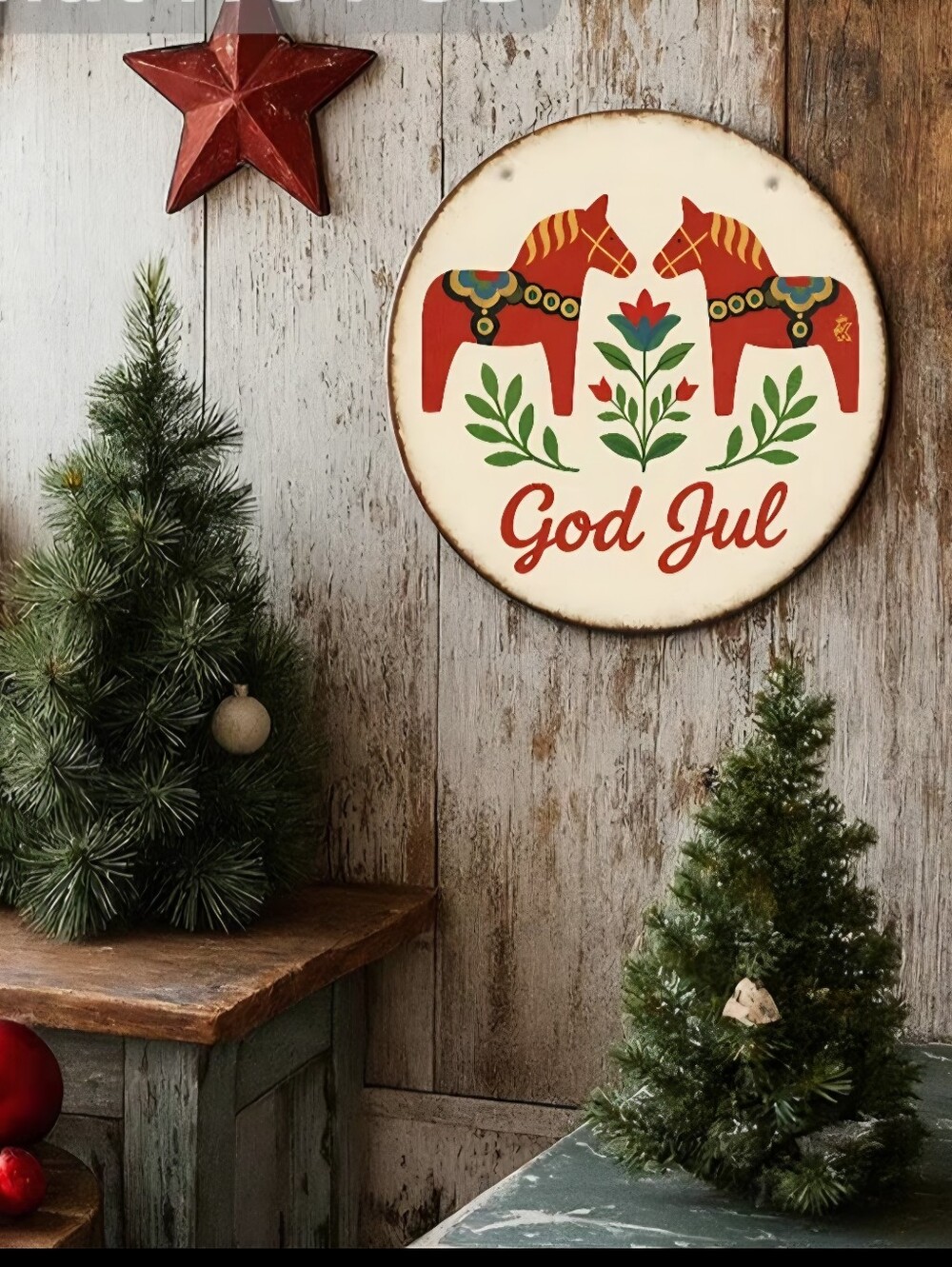 New God Jul Round Metal Wall Sign Dala Horse Floral Christmas Decor 8 in Swedish